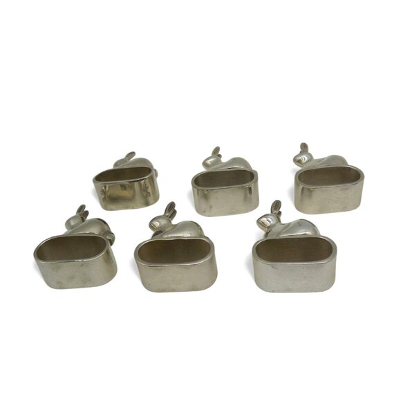 Bunny Rabbit NAPKIN HOLDER Ring Set of 6 Heavy Silver Tone Metal - Picture 7 of 11